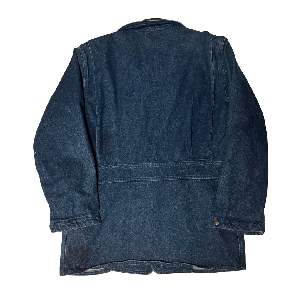 Vtg Woolrich Denim Barn Coat Leather Collar Striped Wool Lining Jacket Small - Picture 4 of 4